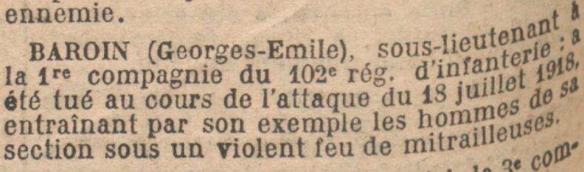 BAROUIN Georges Citation armée JO 20-12-1918