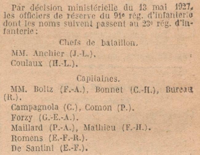 CAMPAGNOLA Celestin - Affectation 23e RI - JO 19 Mai 1927