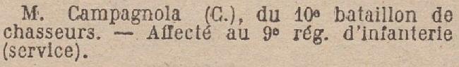 CAMPAGNOLA Celestin - Affectation 9e RI - JO 9 Novembre 1924