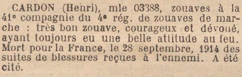 CARDON Henri MM JO 16 Aout 1919