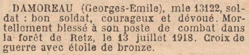 DAMOREAU Georges MM JO 12 Decembre 1919