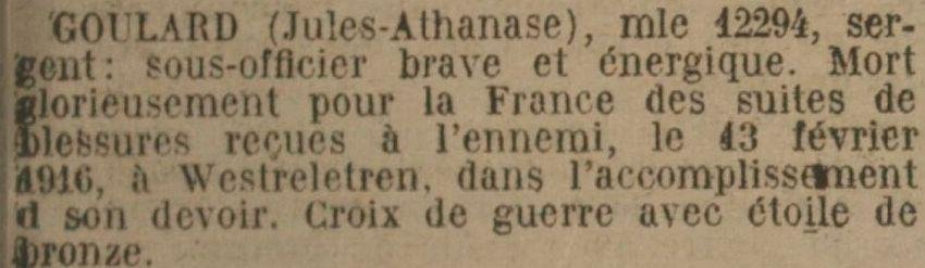 GOULARD Jules Athanase MM JO 23 Mai 1922