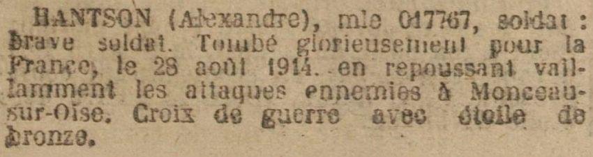 HANTSON Alexandre MM JO 26 Novembre 1923
