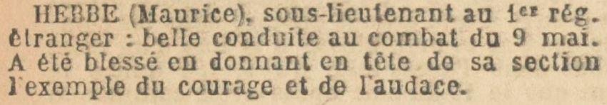 HEBBE Maurice Citation Ordre Armee - JO - 2 aout 1915