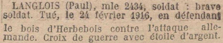 LANGLOIS Paul MM JO 19 Septembre 1920