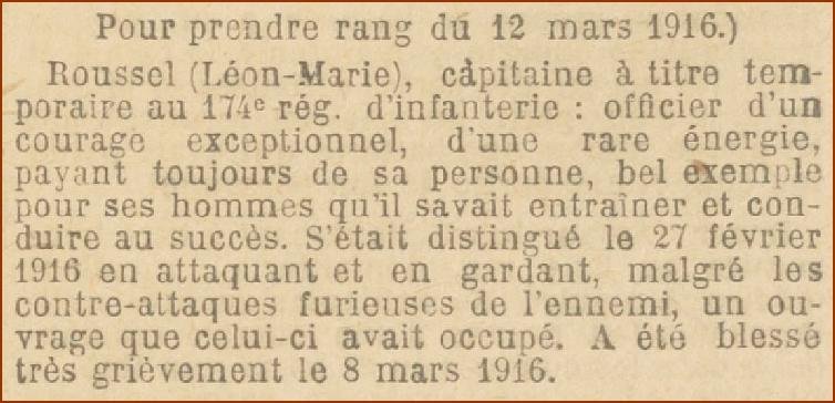 ROUSSEL Leon Chevalier LH J.O. 13 Avril 1916
