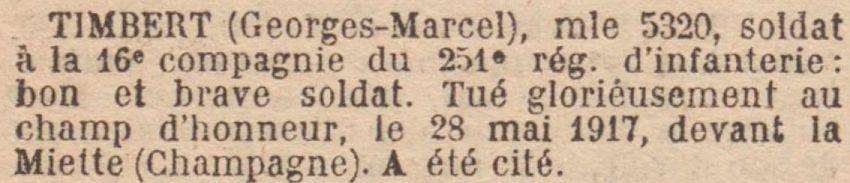 TIMBERT Georges MM JO 28 Aout 1919