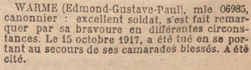 WARME Edmond MM JO 8 Octobre 1919